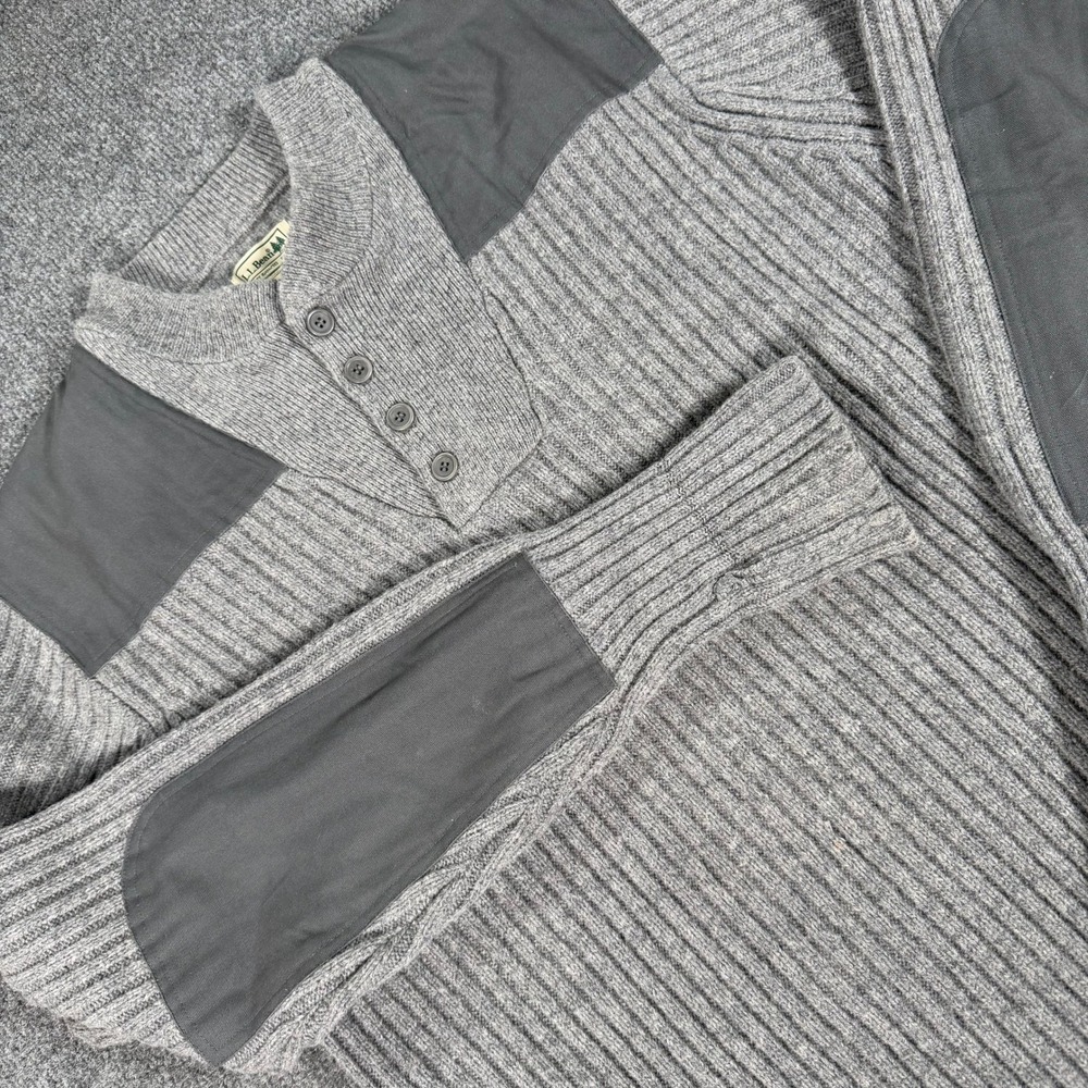LL Bean Merino Lambswool Commando Sweater Gray Henley Elbow Patch Mens L #5017